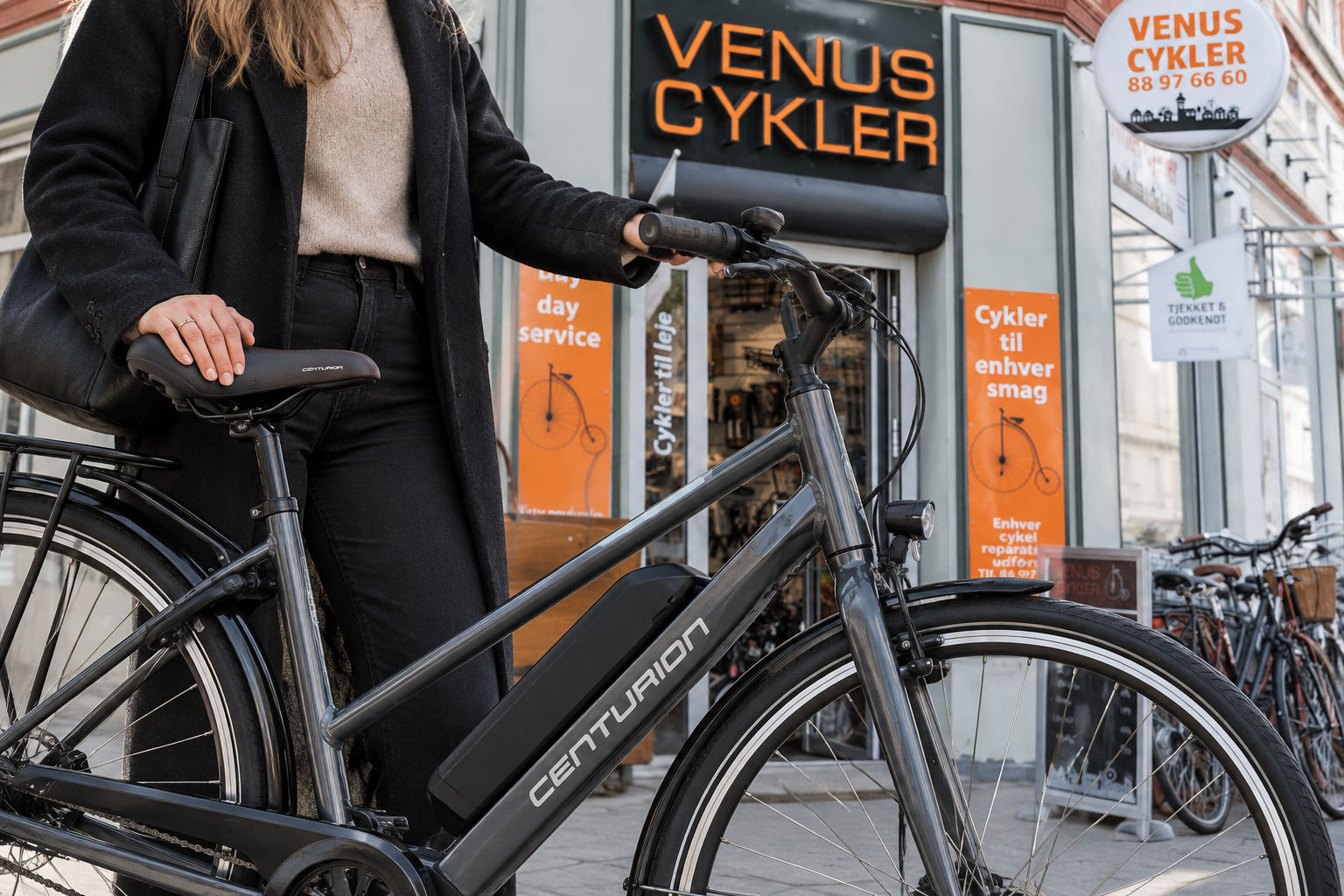 Centurion-elcykel og kunde foran Venus Cykler på Gammel Kongevej